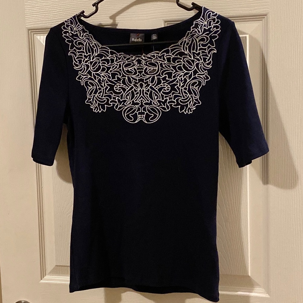 NWT Rafaella Embroidered Blue Sweater Blouse